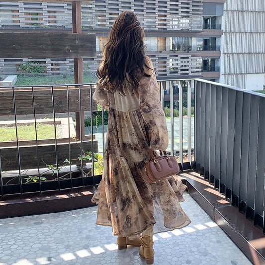 【ワンピース】タイダイ風 花柄シフォン 長袖ワンピース｜Aライン ロングドレス【SHシリーズ】