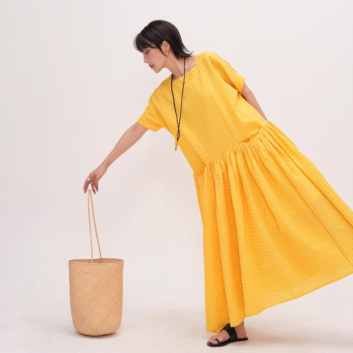 【ワンピース】【15～20日内発送】夏新作 スクエアネック ゆったり半袖ワンピース 薄手ロングドレス 着痩せ効果＆万能コーデ【JZシリーズ】