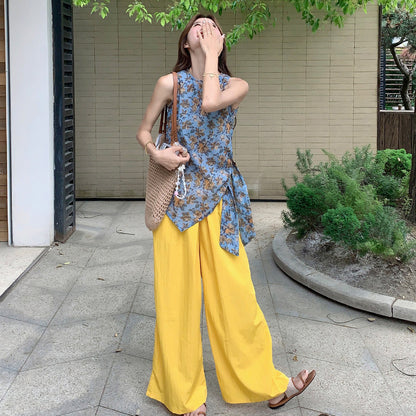 2点セット！【セットアップ】フラワープリント キャミトップス+ワイドパンツ アシンメトリー リゾート風 夏新作 上下セット【SHシリーズ】