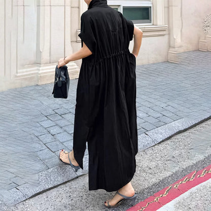 [洋裝] 春秋寬鬆開叉高腰休閒短袖洋裝