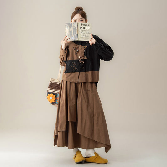 【単品注文】【セットアップ】ねこ刺繍 不規則デザイン 配色切替 長袖 シャツ +スカート 上下セット【JZシリーズ】