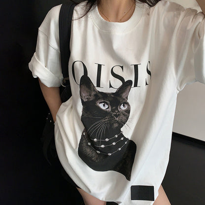 【トップス】ダークアート 猫プリントTシャツ レディース ゆったり こなれ感 半袖【FCシリーズ】