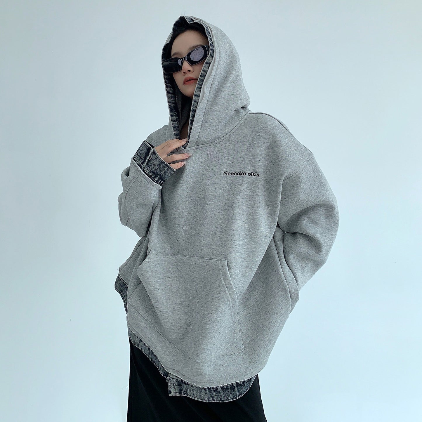 【トップス】春秋冬 配色デニム切り替え 裏起毛 パーカー ゆったり レディース【FCシリーズ】