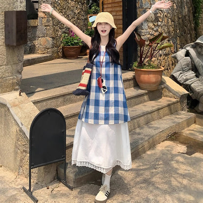 【ワンピース】夏の元気ガール 韓国風シック シンプルなフェイクレイヤード チェック柄ノースリーブワンピース【SHシリーズ】