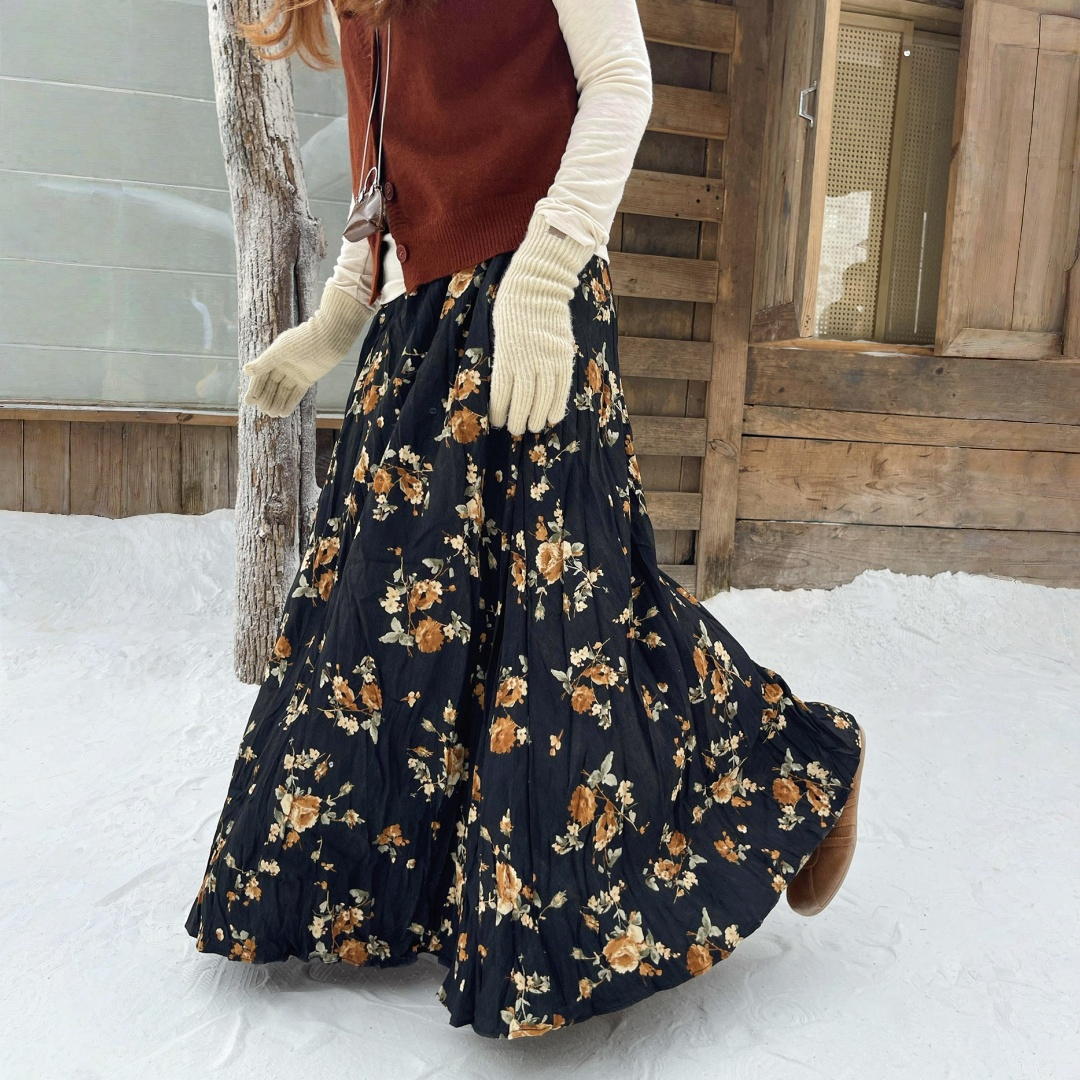 【ワンピース】春 秋 冬 厚手 花柄 レトロ 大振裾 スカート 【SHシリーズ】