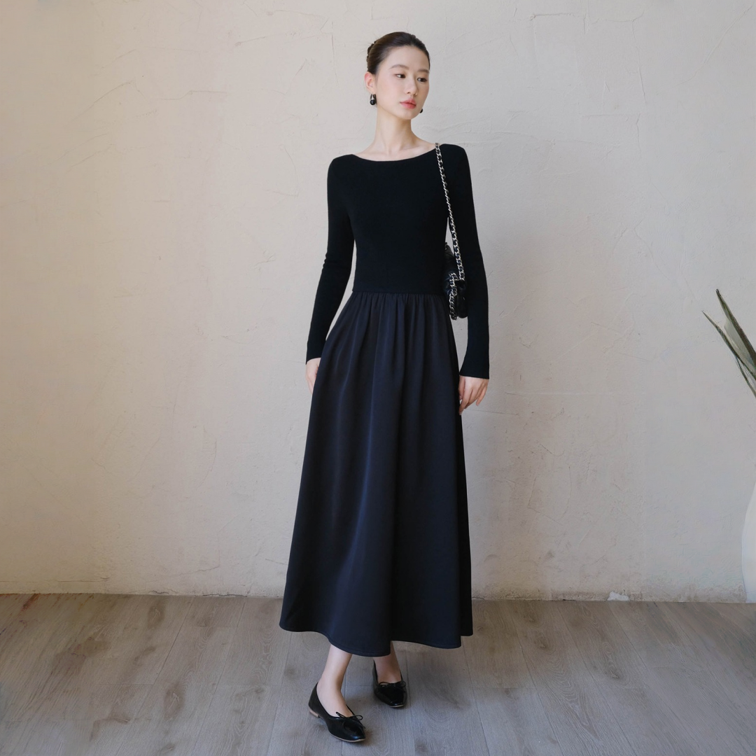 【ワンピース】春 秋 冬 ボートネック  切り替え 高級感 長袖 ワンピース【JZシリーズ】