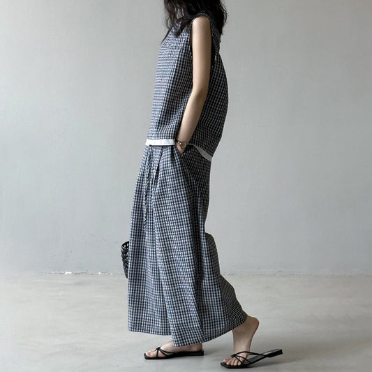 2点セット！【セットアップ】韓国風 チェック柄タンクトップ風セット＋ゆったりカジュアルパンツ 上下セット【JZシリーズ】