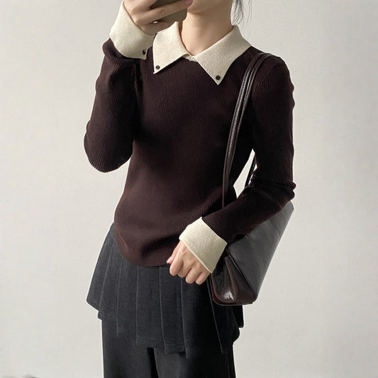 【トップス】すっきりシルエット レトロ 配色デザイン ポロ襟 ニット Ｔシャツ【JZシリーズ】