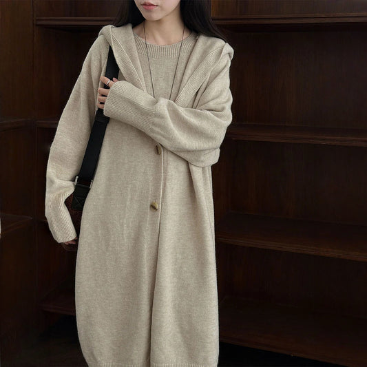 【セットアップ】【単品注文】ゆったり風 ロング丈  春 秋 冬  フード付き カーディガン + ノースリーブ ワンピース 2点ワンピースセット 【JZシリーズ】