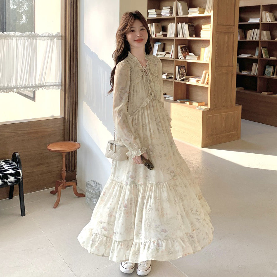 【ワンピース】春秋 優しい雰囲気 上品 フレンチ風 ロングスカート 大人気 トレンド 花柄長袖ワンピース【SHシリーズ】