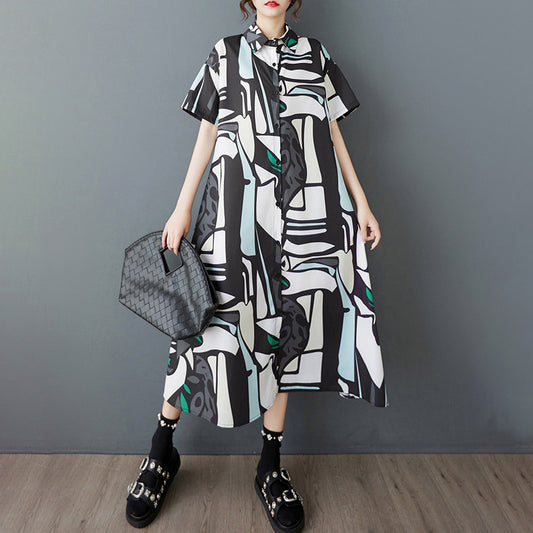 【ワンピース】韓国風 大きいサイズ レディース 夏新作 半袖 花柄 シャツワンピース ゆったりシルエット 着痩せ ミディ丈【SHシリーズ】