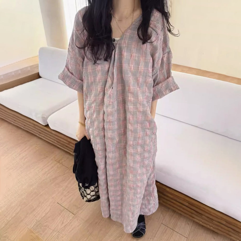 【ワンピース】配色チェック柄 半袖ワンピース｜肌触りの良い ゆったり 体型カバーも叶うロング丈【SHシリーズ】