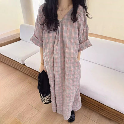 【ワンピース】配色チェック柄 半袖ワンピース｜肌触りの良い ゆったり 体型カバーも叶うロング丈【SHシリーズ】