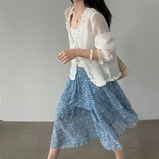 【ボトムス】レイヤード フローラル フリル ミディスカート 【SHシリーズ】