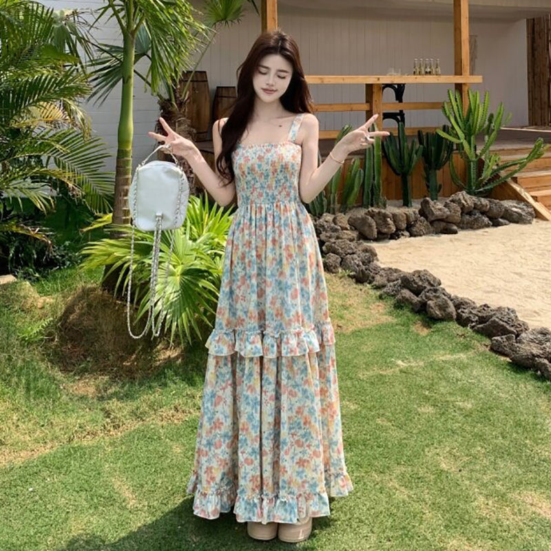 【ワンピース】フレンチカントリー風 ノースリーブ フラワープリントワンピース レディース 夏 キャミソール ロングドレス 大人可愛い【SHシリーズ】