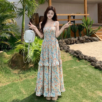 【ワンピース】フレンチカントリー風 ノースリーブ フラワープリントワンピース レディース 夏 キャミソール ロングドレス 大人可愛い【SHシリーズ】