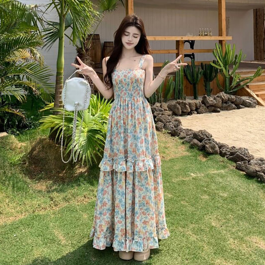【ワンピース】フレンチカントリー風 ノースリーブ フラワープリントワンピース レディース 夏 キャミソール ロングドレス 大人可愛い【SHシリーズ】