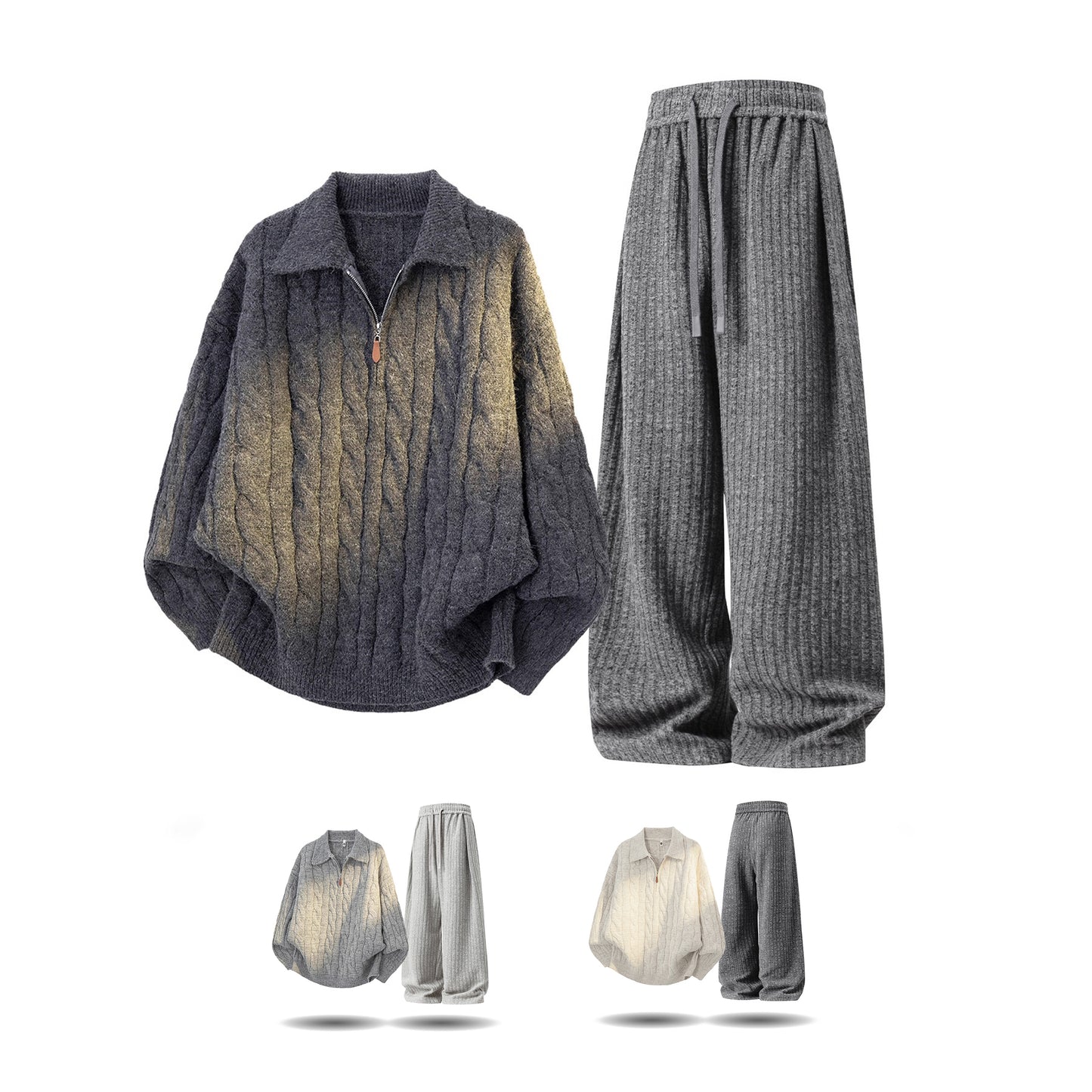 【単品注文】【セットアップ】ヴィンテージ風 ケーブルニット × スウェットパンツ 秋冬 新作 ゆったり ルーズスタイル【FCシリーズ】