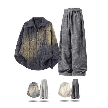 【単品注文】【セットアップ】ヴィンテージ風 ケーブルニット × スウェットパンツ 秋冬 新作 ゆったり ルーズスタイル【FCシリーズ】