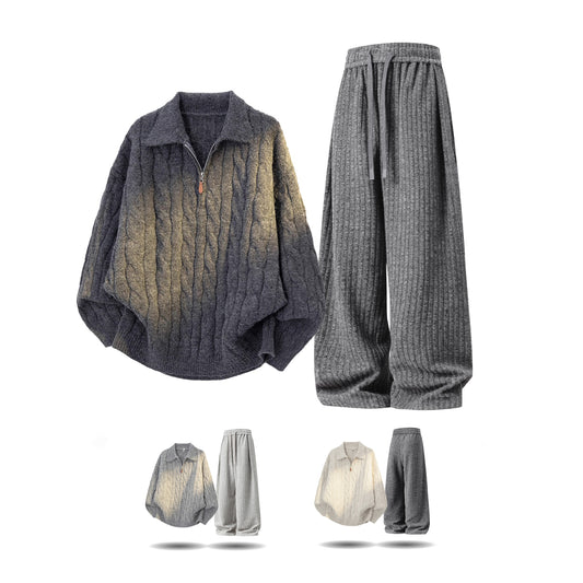 【単品注文】【セットアップ】ヴィンテージ風 ケーブルニット × スウェットパンツ 秋冬 新作 ゆったり ルーズスタイル【FCシリーズ】