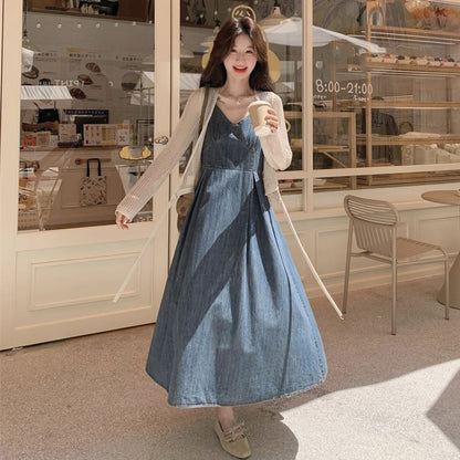 2点セット！【セットアップ】フレンチ風 ニットカーディガン＋デニムキャミワンピース セットレディース 秋新作 若見え 優雅 人気