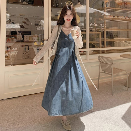 2点セット！【セットアップ】フレンチ風 ニットカーディガン＋デニムキャミワンピース セットレディース 秋新作 若見え 優雅 人気