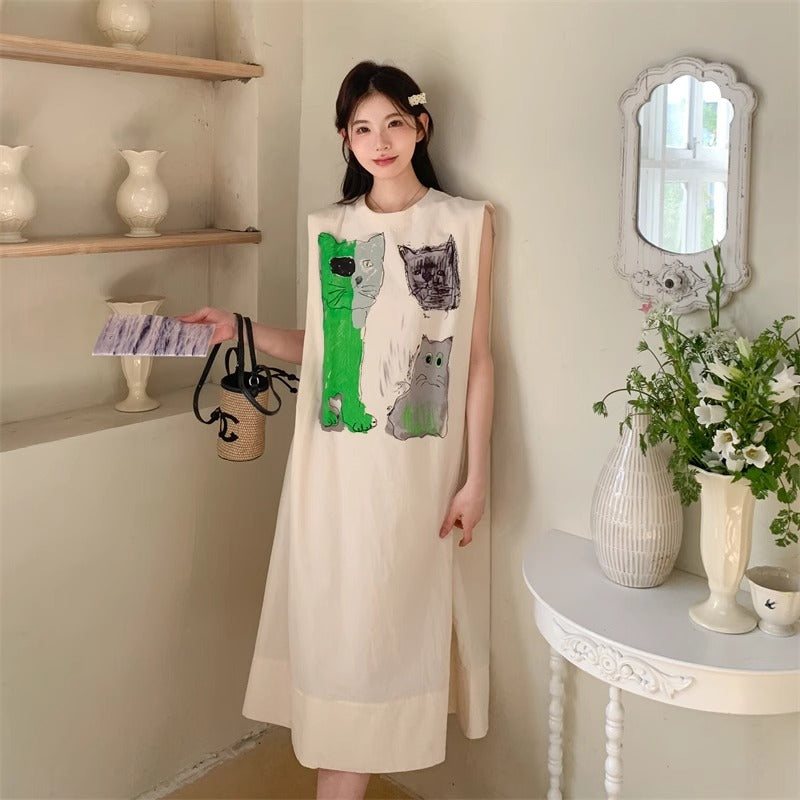 【ワンピース】カジュアル 気質 カートゥーン プリント ノースリーブ タンクワンピース レディース 夏 他と被らない コーディネート【SHシリーズ】