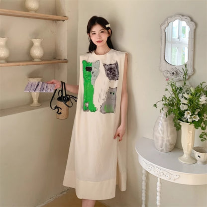 【ワンピース】カジュアル 気質 カートゥーン プリント ノースリーブ タンクワンピース レディース 夏 他と被らない コーディネート【SHシリーズ】