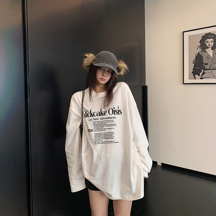 【トップス】ゆるシルエット フロッキープリント 薄手 長袖Tシャツ 【FCシリーズ】