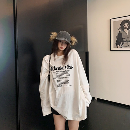【トップス】ゆるシルエット フロッキープリント 薄手 長袖Tシャツ 【FCシリーズ】