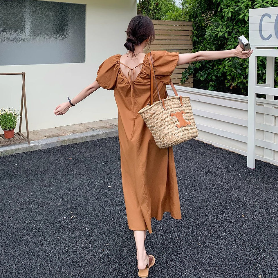 【ワンピース】フレンチ風半袖 ワンピース レディース Vネック 花びら袖 Aライン 夏  ゆったり 体型カバー【JZシリーズ】