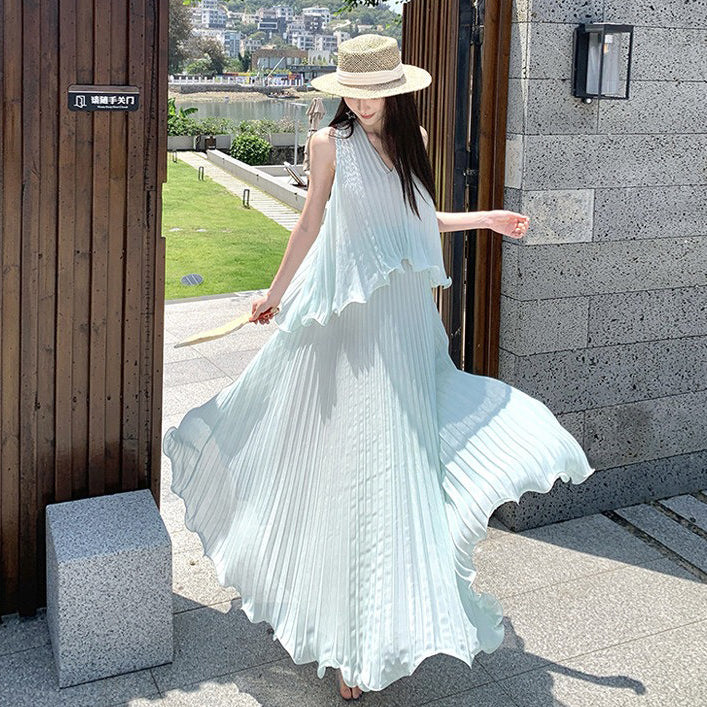 【ワンピース】リゾート 海辺コーデ ミントグリーン ノースリーブ ワンピース レディース 夏新作 ビーチ バカンス ロング丈【SHシリーズ】
