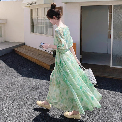 【ワンピース】森ガール風 グリーンぼかし柄 半袖 ワンピース 五分袖 大きめ裾 夏 フレンチリゾート風【SHシリーズ】