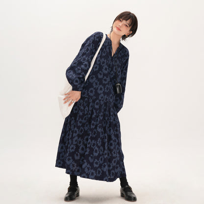 【ワンピース】小花柄 レディース 大きめサイズ ゆったり 体型カバー ミディアムロング丈 レトロ文芸風 長袖ワンピース【JZシリーズ】【SHシリーズ】