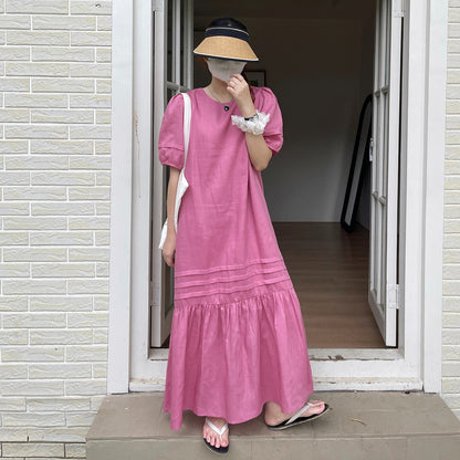 【ワンピース】リネン 夏 リネンライク 半袖ロングワンピース ゆったりシルエットで体型カバー＆涼やか美人見え✨【JZシリーズ】