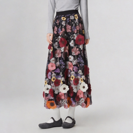 【ボトムス】立体刺繍デザイン ロングスカート レディース 2026春新作 レトロ風 ゆったりシルエット 上品 垂れ感スカート【SHシリーズ】【15～20日内発送】