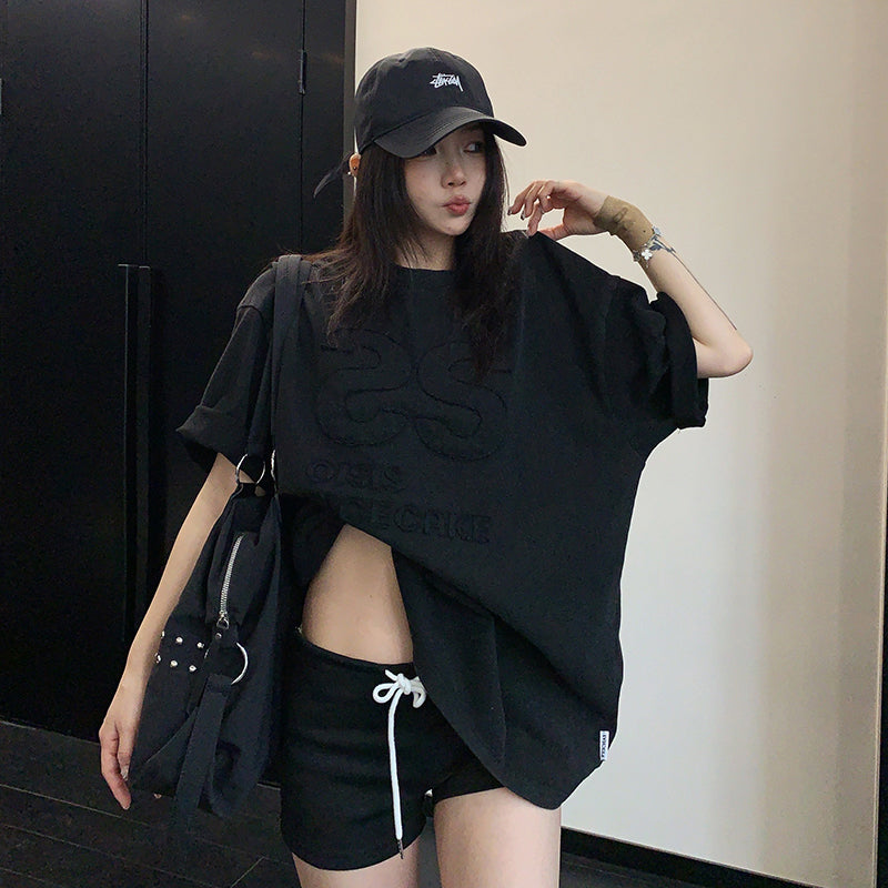 【トップス】ウォッシュ加工 ワッペン刺繍Tシャツ レディース 夏 ルーズ 半袖 ストリート【FCシリーズ】