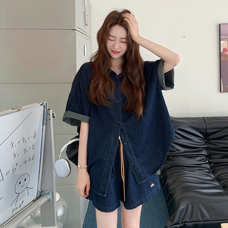 2点セット！【セットアップ】レトロデニムシャツ＆ワイドショートパンツ 上下セット 大人カッコいい＆若見えスタイル【JZシリーズ】