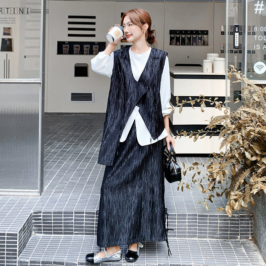 3点セット！【セットアップ】秋新作 ベスト＋スカート＋トップス 上下セット 不規則デザイン レトロ 高級感 日系ファッション【SHシリーズ】