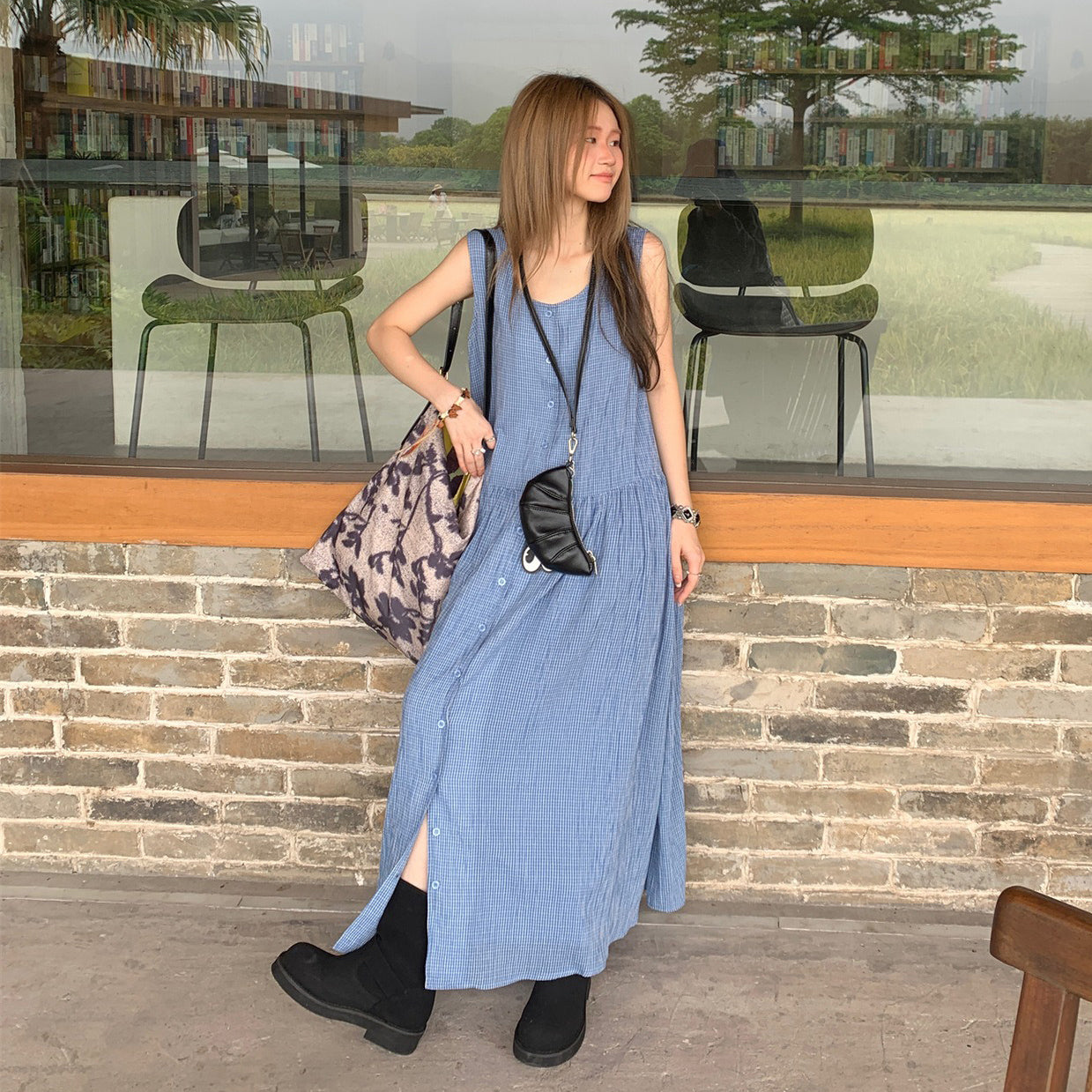 【ワンピース】韓国風チェック柄 夏の甘くて爽やかなノースリーブワンピース【SHシリーズ】