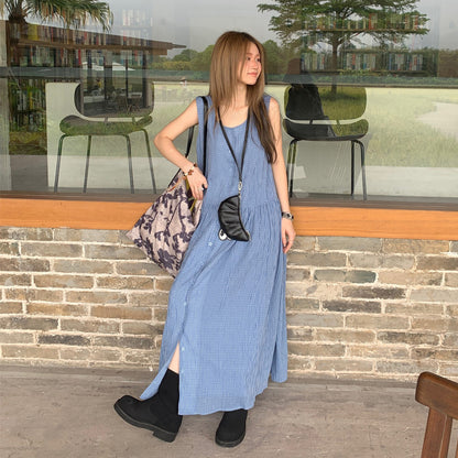 【ワンピース】韓国風チェック柄 夏の甘くて爽やかなノースリーブワンピース【SHシリーズ】