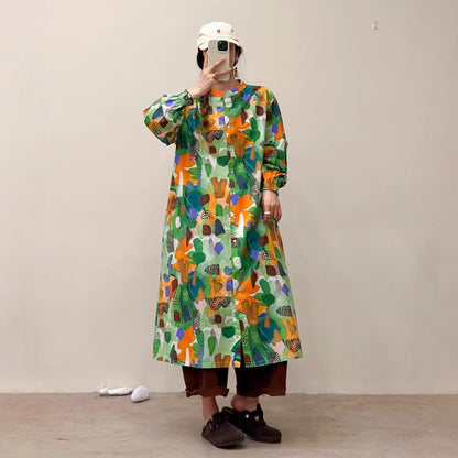 選べる7柄！【ワンピース】🎀カジュアルかわいい丸首プリントワンピース 長袖 シングルボタン 春新作 韓国風ウエストシェイプ レディース【SHシリーズ】