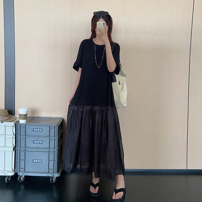 【ワンピース】大きいサイズワンピース レディース 夏 半袖 ブラックワンピース ゆったりシルエット 着痩せ 体型カバー【JZシリーズ】