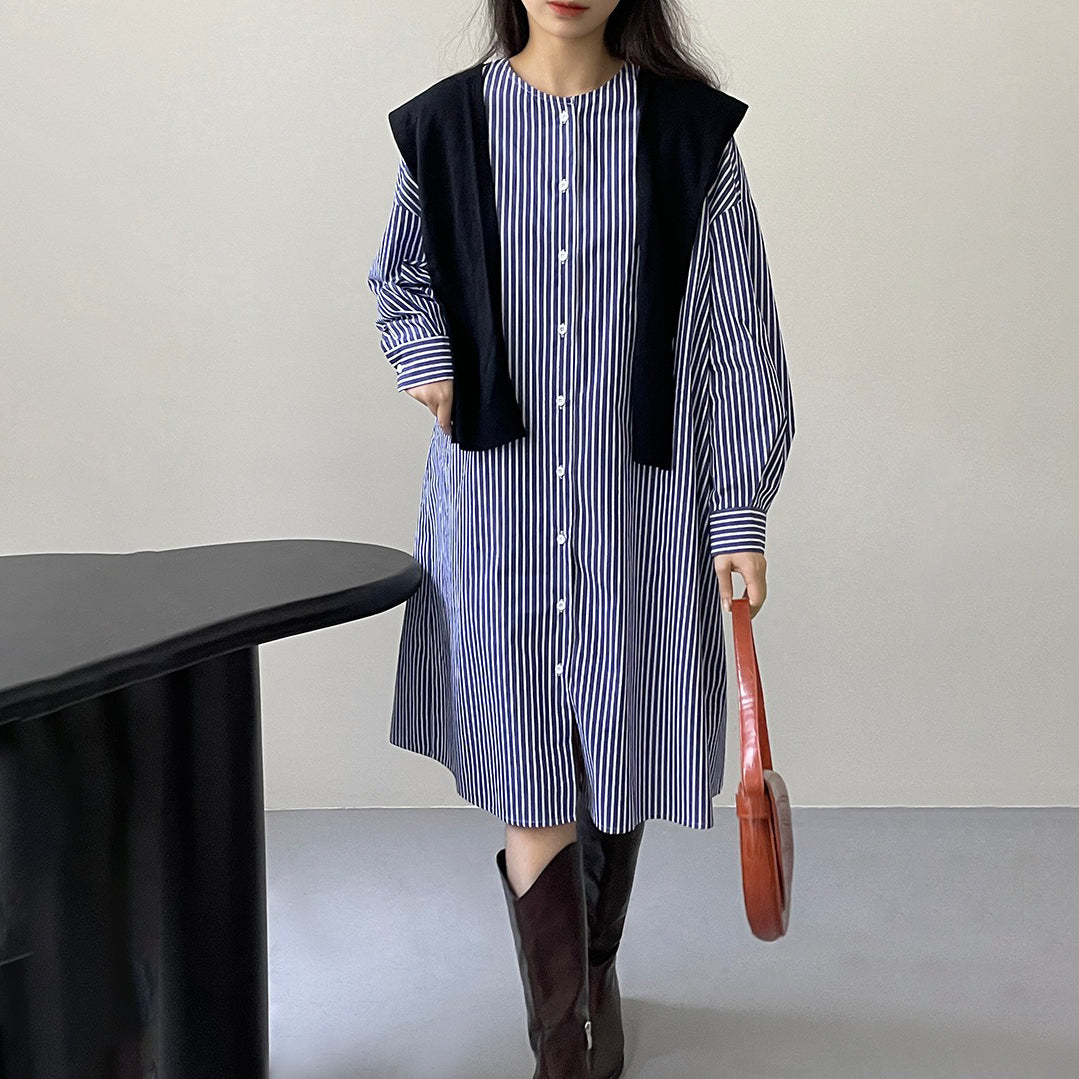 【24AW】【ワンピース】ミドル丈 ストライプ柄 ゆったり シャツ カーディガン 長袖ワンピース【JZシリーズ】