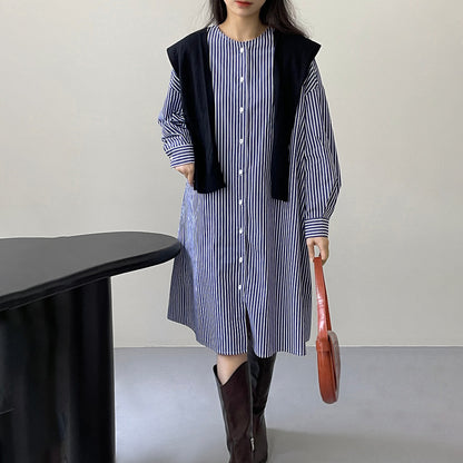 【24AW】【ワンピース】ミドル丈 ストライプ柄 ゆったり シャツ カーディガン 長袖ワンピース【JZシリーズ】