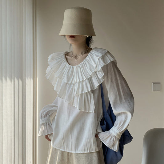 【トップス】2026春夏 フレンチ 丸首 レイヤード フリル プリーツ ゆるシルエット 軽薄 フレア袖 UVカット 微透け ブラウス レディース【JZシリーズ】