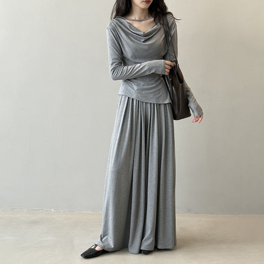 2点セット！【セットアップ】フレンチ ウエストマークTシャツ＋ハイウエストドレープ感フルレングスパンツ レディース 秋 リラックス風  上下セット【JZシリーズ】