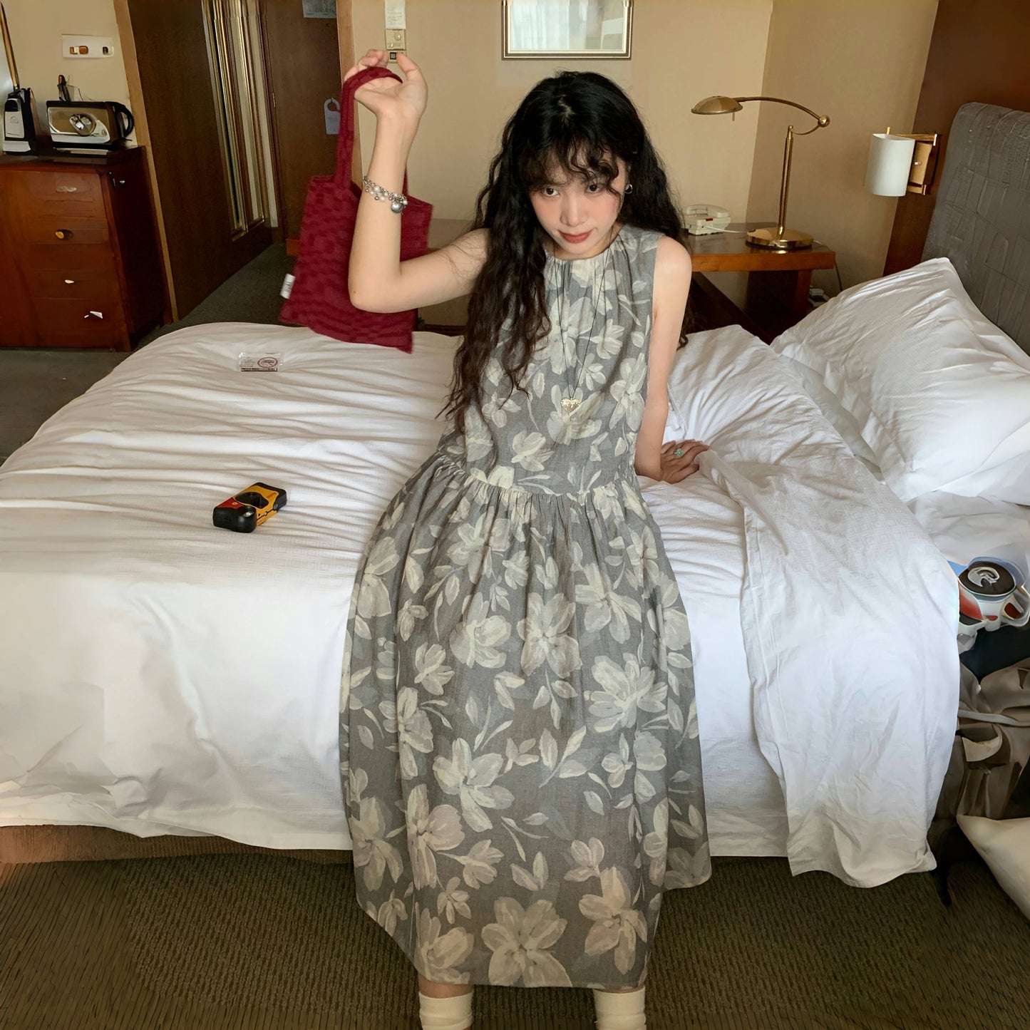 【ワンピース】夏 フロッキープリント プリント 	ヴィンテージ風 花柄 ノースリーブ ワンピース 【SHシリーズ】