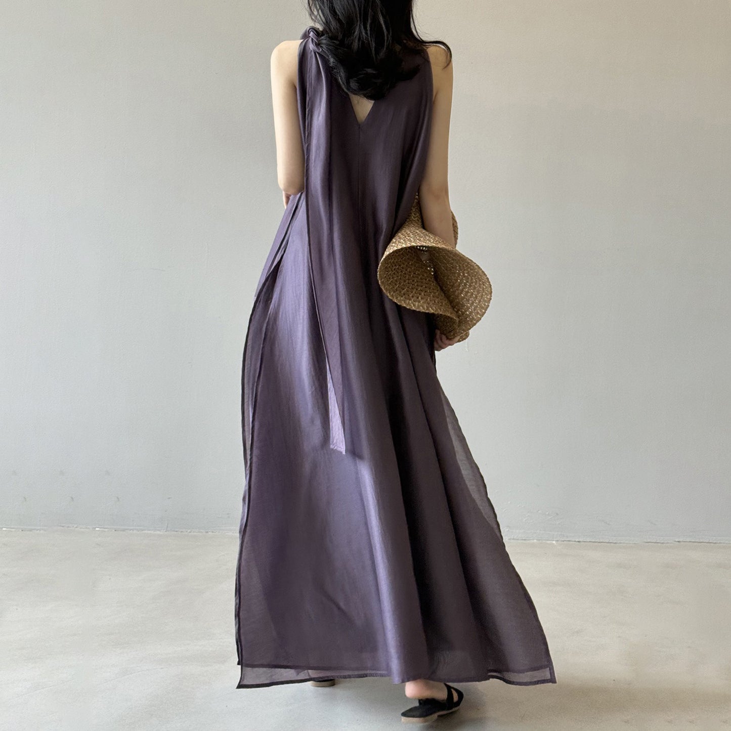 👉 翌日発送⚡在庫限り！【ワンピース】夏新作 フレンチエレガンス テンセル素材 リボンタイ ネックホルター ゆったり ノースリーブワンピース【JZシリーズ】