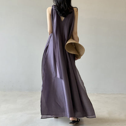 👉 翌日発送⚡在庫限り！【ワンピース】夏新作 フレンチエレガンス テンセル素材 リボンタイ ネックホルター ゆったり ノースリーブワンピース【JZシリーズ】